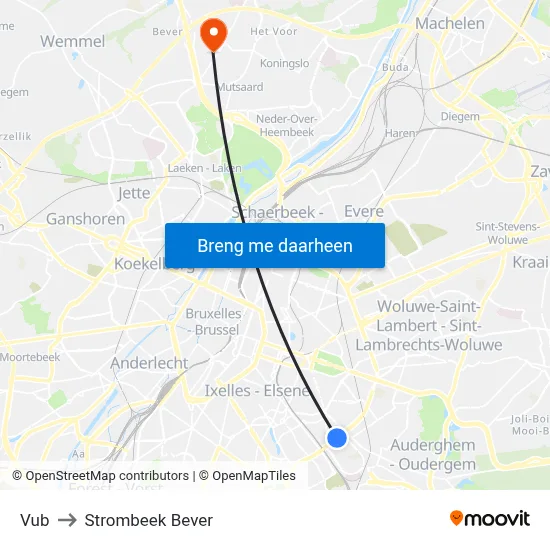 Vub to Strombeek Bever map
