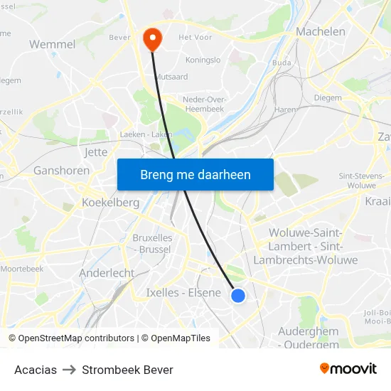 Acacias to Strombeek Bever map