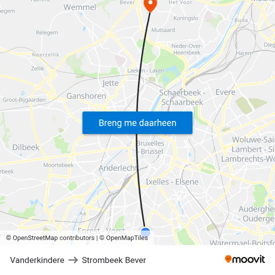 Vanderkindere to Strombeek Bever map