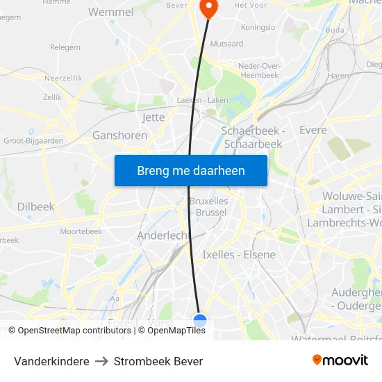 Vanderkindere to Strombeek Bever map