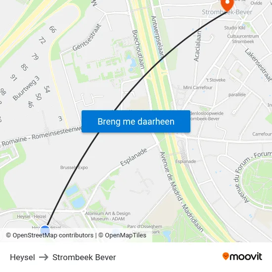 Heysel to Strombeek Bever map