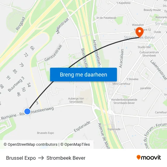 Brussel Expo to Strombeek Bever map