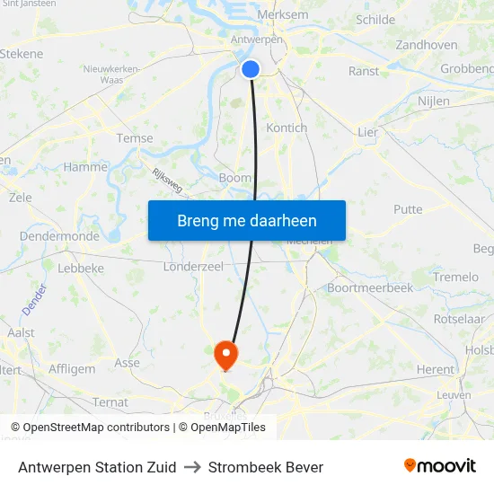 Antwerpen Station Zuid to Strombeek Bever map