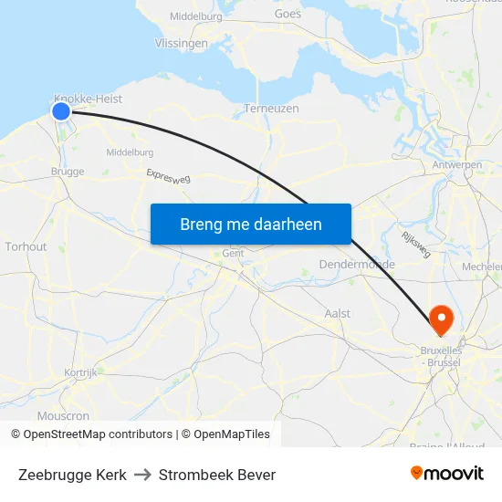 Zeebrugge Kerk to Strombeek Bever map