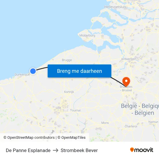 De Panne Esplanade to Strombeek Bever map