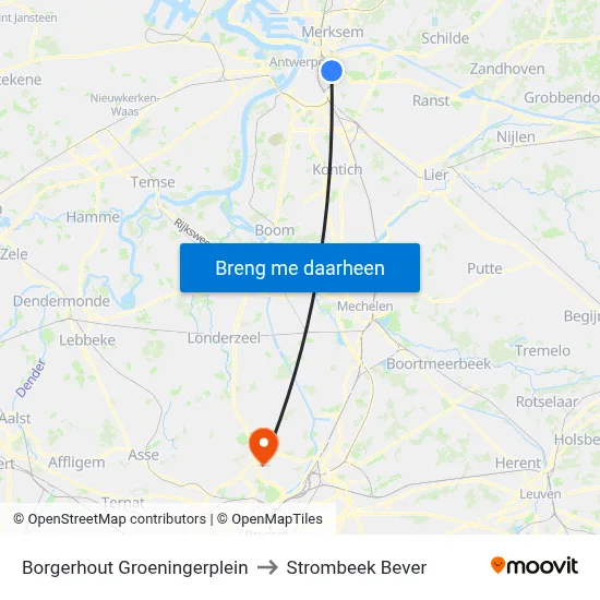 Borgerhout Groeningerplein to Strombeek Bever map