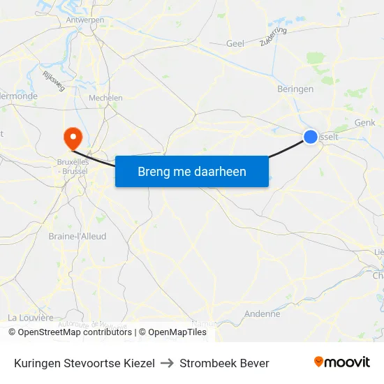 Kuringen Stevoortse Kiezel to Strombeek Bever map