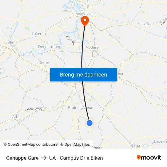 Genappe Gare to UA - Campus Drie Eiken map