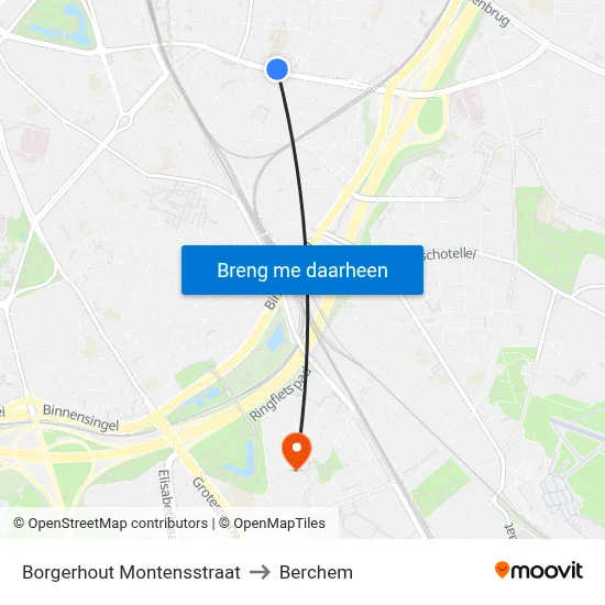 Borgerhout Montensstraat to Berchem map