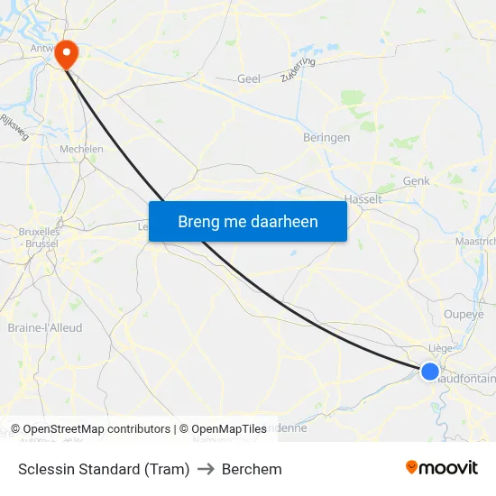 Sclessin Standard (Tram) to Berchem map