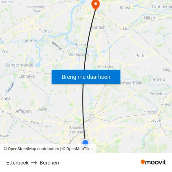 Etterbeek to Berchem map