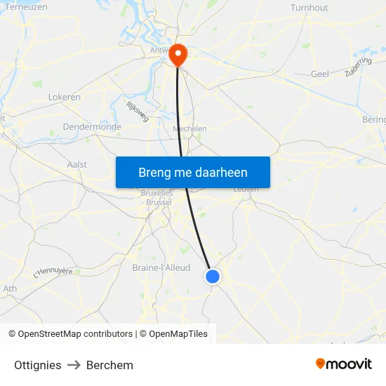 Ottignies to Berchem map
