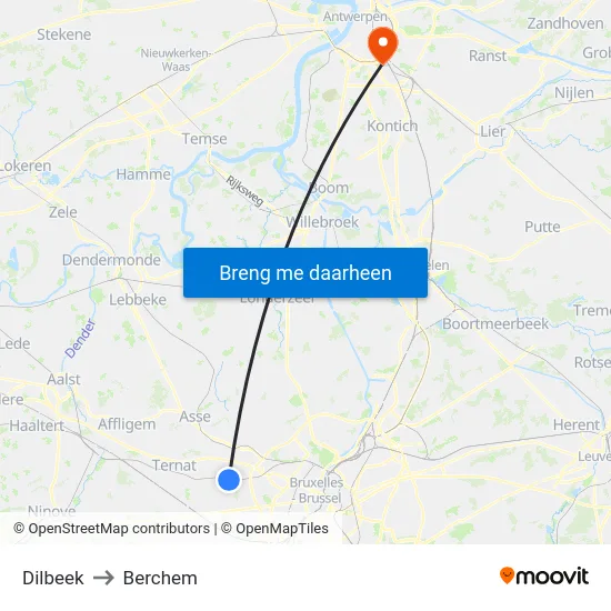 Dilbeek to Berchem map