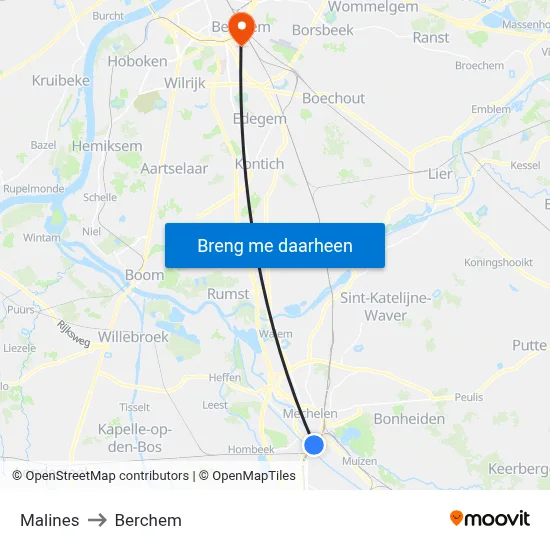 Malines to Berchem map