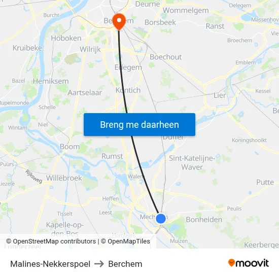 Malines-Nekkerspoel to Berchem map