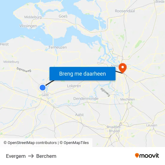 Evergem to Berchem map