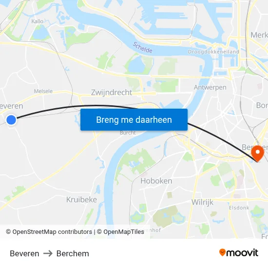 Beveren to Berchem map