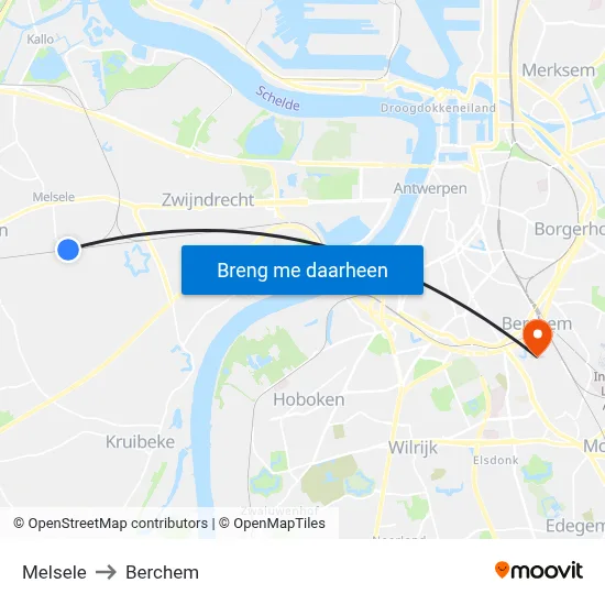 Melsele to Berchem map