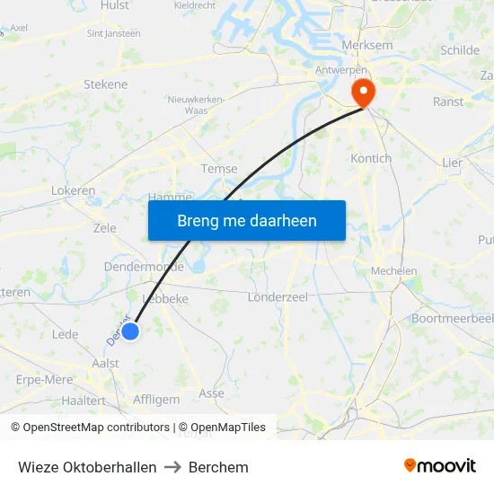 Wieze Oktoberhallen to Berchem map