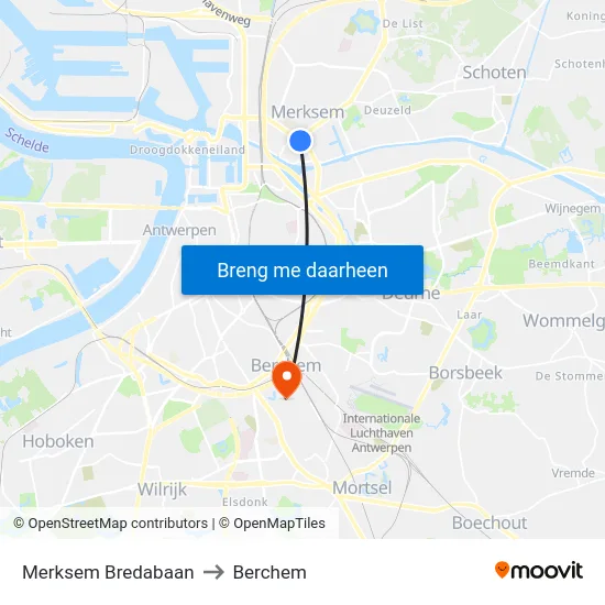 Merksem Bredabaan to Berchem map