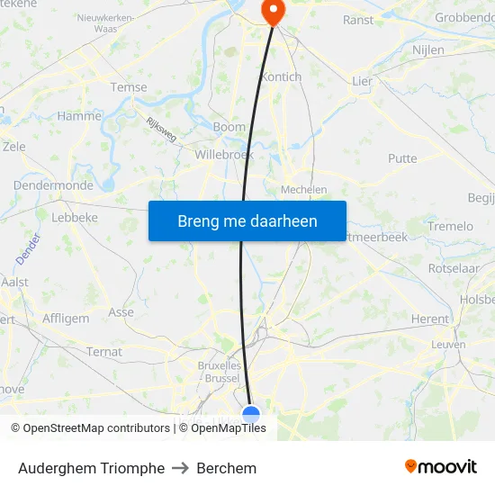Auderghem Triomphe to Berchem map
