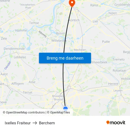 Ixelles Fraiteur to Berchem map