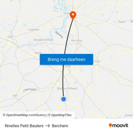 Nivelles Petit Baulers to Berchem map
