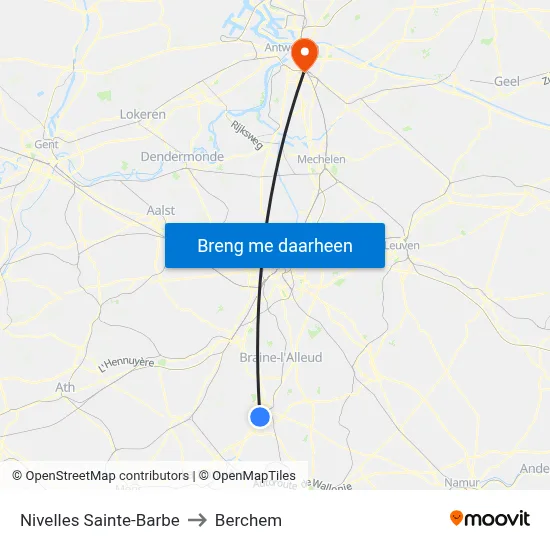 Nivelles Sainte-Barbe to Berchem map