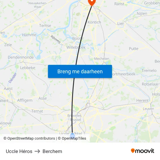Uccle Héros to Berchem map