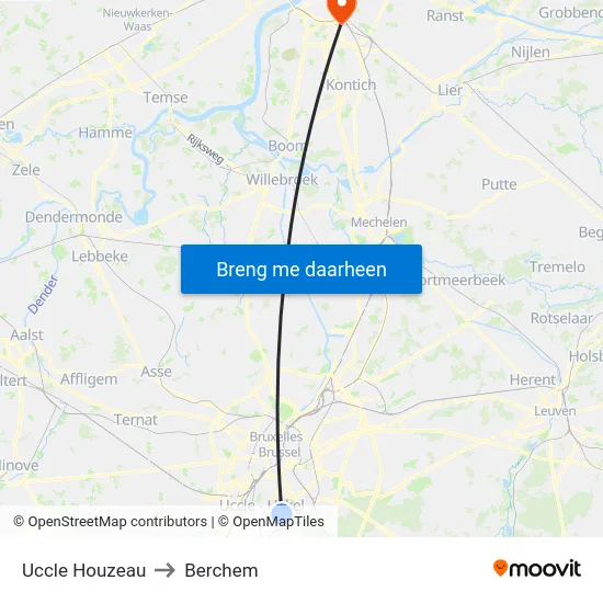 Uccle Houzeau to Berchem map