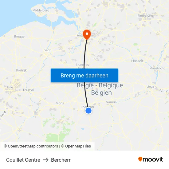 Couillet Centre to Berchem map