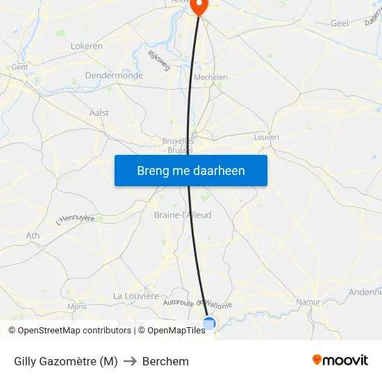Gilly Gazomètre (M) to Berchem map