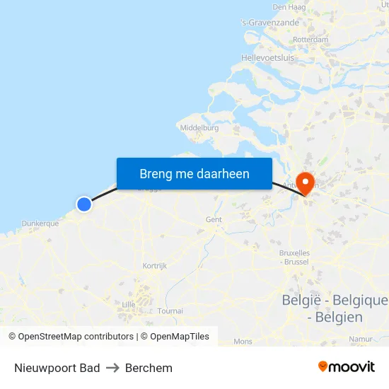 Nieuwpoort Bad to Berchem map
