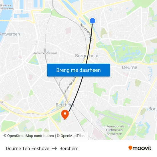 Deurne Ten Eekhove to Berchem map