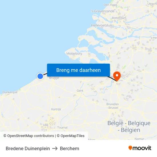 Bredene Duinenplein to Berchem map