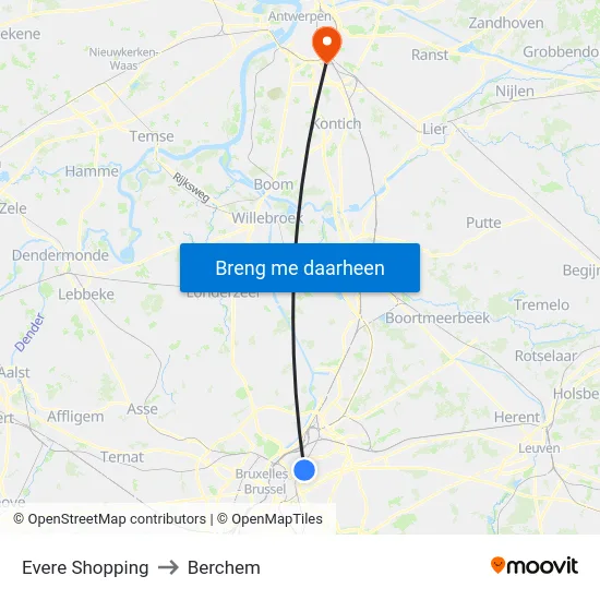 Evere Shopping to Berchem map