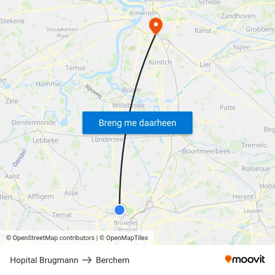 Hopital Brugmann to Berchem map