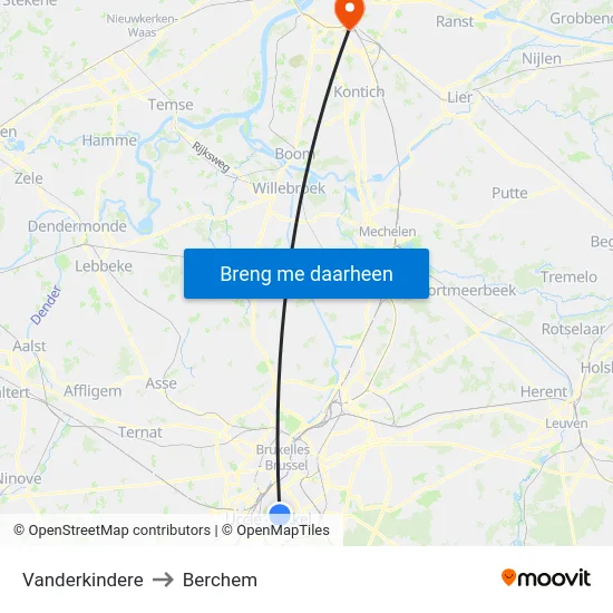 Vanderkindere to Berchem map
