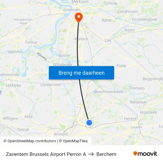 Zaventem Brussels Airport Perron A to Berchem map