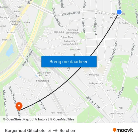 Borgerhout Gitschotellei to Berchem map