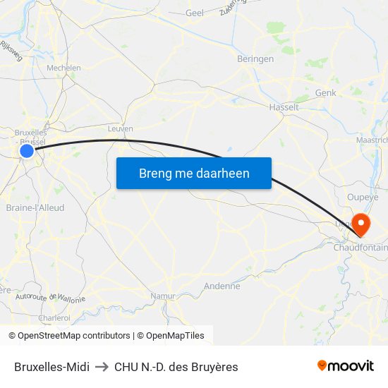 Bruxelles-Midi to CHU N.-D. des Bruyères map