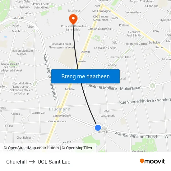 Churchill to UCL Saint Luc map