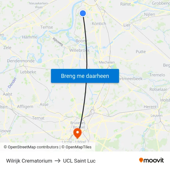 Wilrijk Crematorium to UCL Saint Luc map
