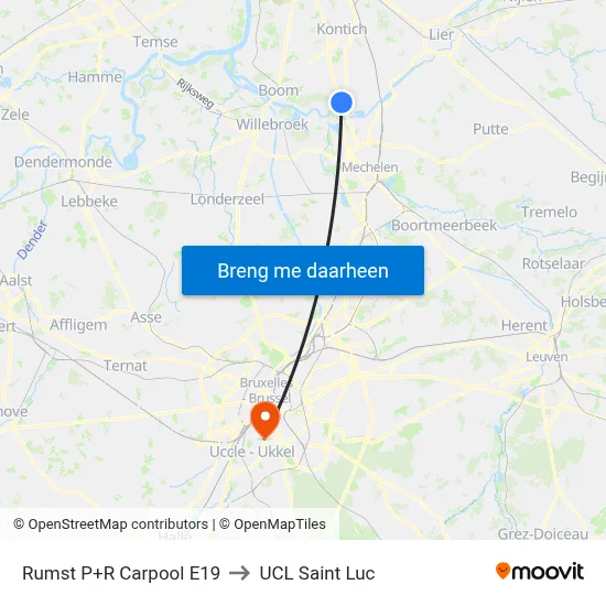 Rumst P+R Carpool E19 to UCL Saint Luc map