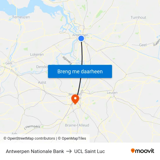Antwerpen Nationale Bank to UCL Saint Luc map
