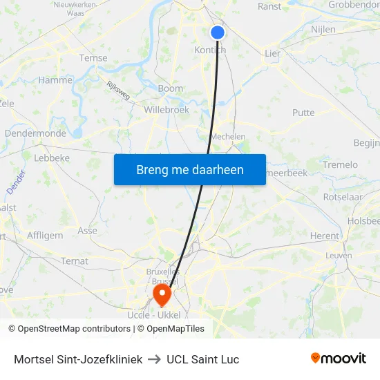 Mortsel Sint-Jozefkliniek to UCL Saint Luc map