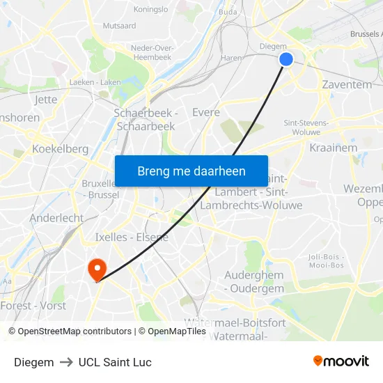Diegem to UCL Saint Luc map