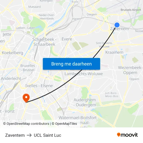 Zaventem to UCL Saint Luc map