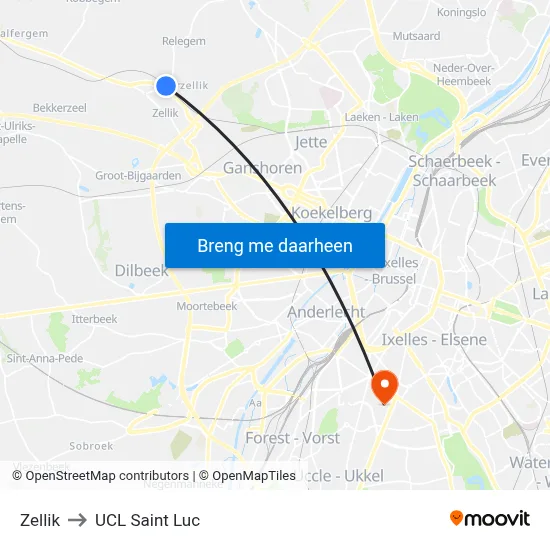 Zellik to UCL Saint Luc map