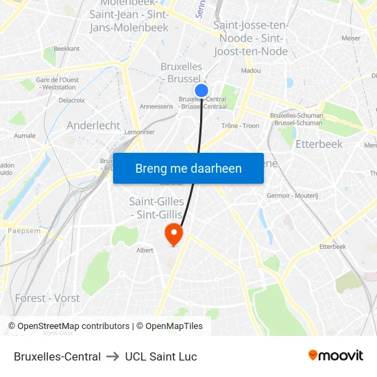 Bruxelles-Central to UCL Saint Luc map